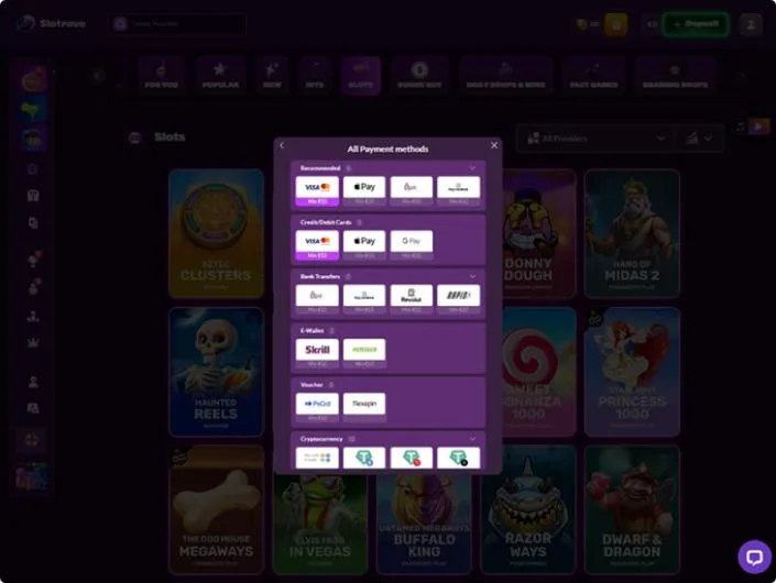 SlotRave cashier screenshot: Slotrave 'All Payment methods' window grouping cards Apple Pay Google Pay, bank transfers including Revolut and Rapid Skrill Neteller PsCrd Flexepin and crypto