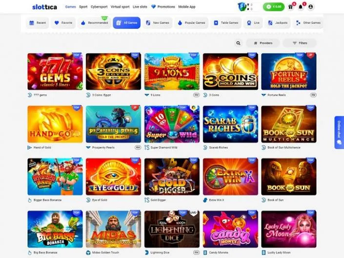 Slottica games lobby screenshot: Slottica 'All Games' lobby with category tabs and tiles such as 777 Gems and 9 Lions