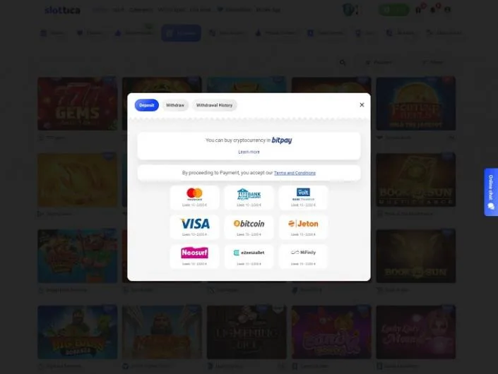 Slottica cashier screenshot: Slottica deposit window listing Mastercard, bank transfer Volt Visa Bitcoin Jeton Neosurf, eZeeWallet and MiFinity with per-method limits