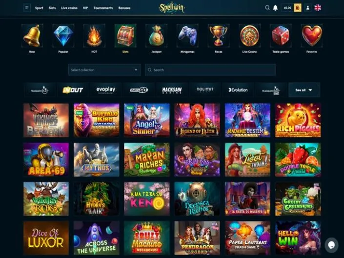SpellWin games lobby screenshot: Spellwin lobby with category icons, provider row and slots such as Legend of Lilith