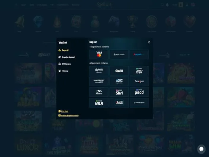 SpellWin cashier screenshot: Spellwin wallet deposit panel listing Visa and Mastercard, bank transfer, paysafecard Skrill Rapid Pay via Bank Flexepin MiFinity Neteller and Binance Pay