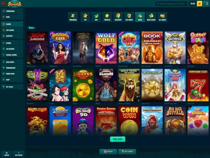 Spinanga games lobby screenshot: Spinanga slots lobby with category icons and tiles such as Wolf Gold and Gates of Olympus