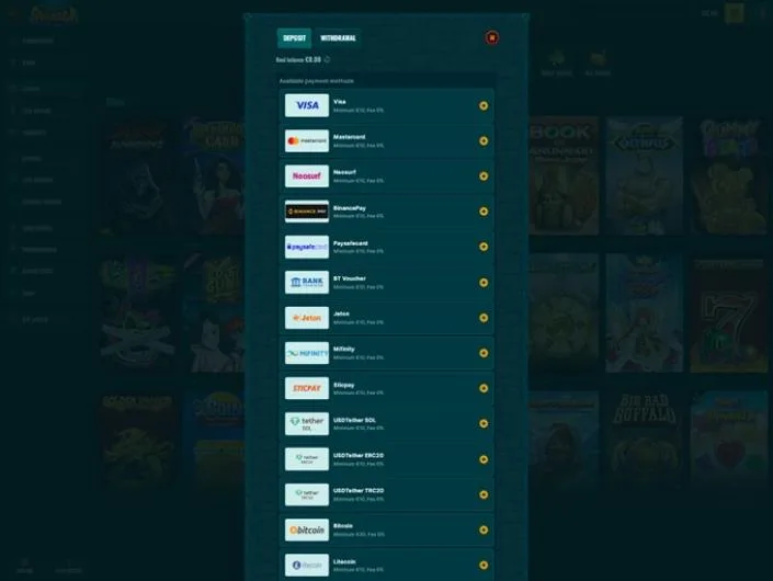Spinanga cashier screenshot: Spinanga deposit window listing Visa Mastercard Neosurf Binance Pay Paysafecard BT Voucher Jeton MiFinity Sticpay USDT (SOL ERC20 TRC20) Bitcoin and Litecoin with 10 EUR minimums and 0% fee