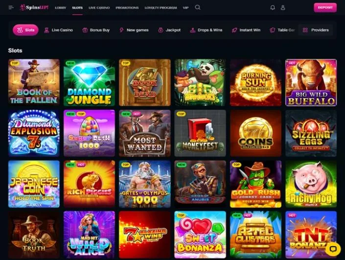 SpinsUP games lobby screenshot: SpinsUP slots lobby with category tabs and tiles such as Book of the Fallen and Diamond Jungle