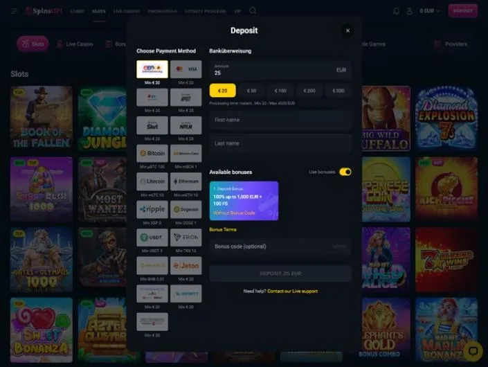 SpinsUP cashier screenshot: SpinsUP deposit window with bank transfer selected (instant, 20 to 4,000 EUR) and a column of cards Skrill Neteller, crypto Jeton and MiFinity