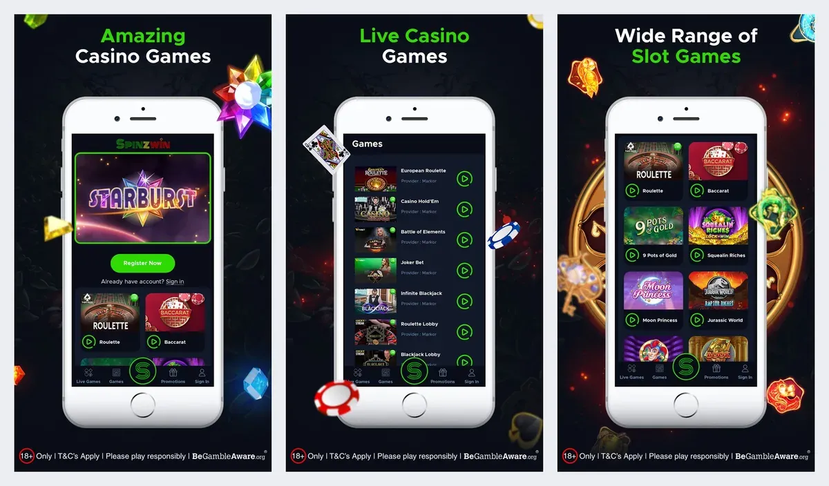 SpinzWin app screenshots from its app store listing: casino, live casino and slots