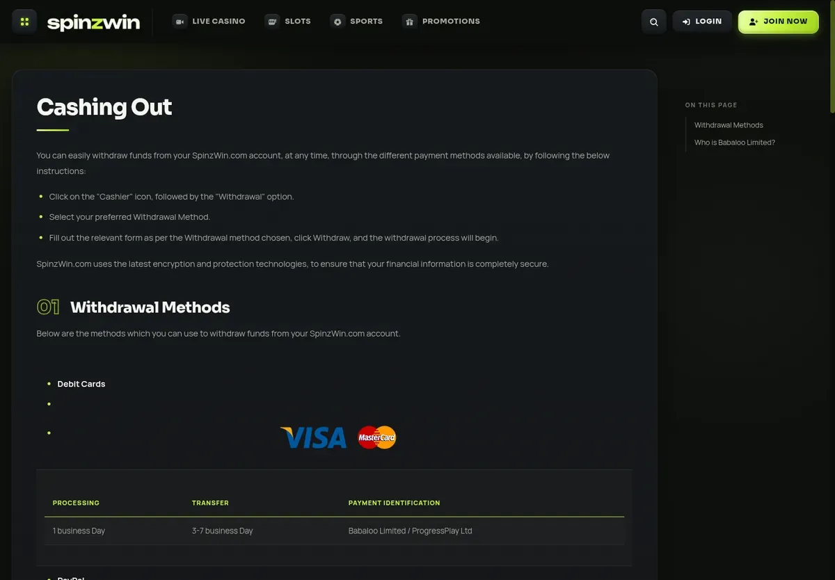 SpinzWin 'Cashing Out' page with withdrawal methods and processing times