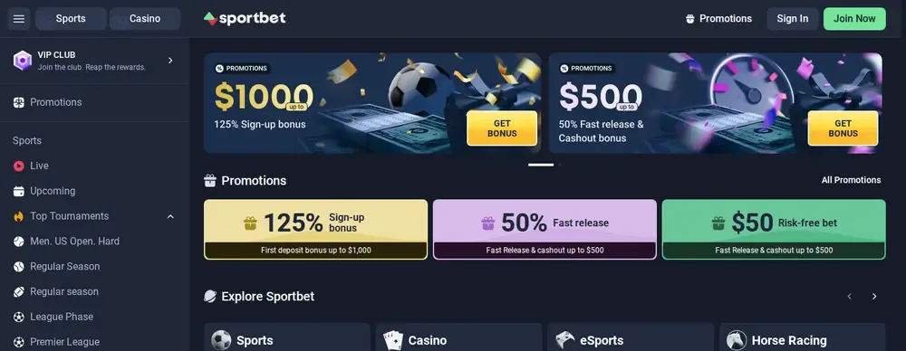 Sportbet.one promotions with a 125% sign-up bonus and 50% fast-release offers
