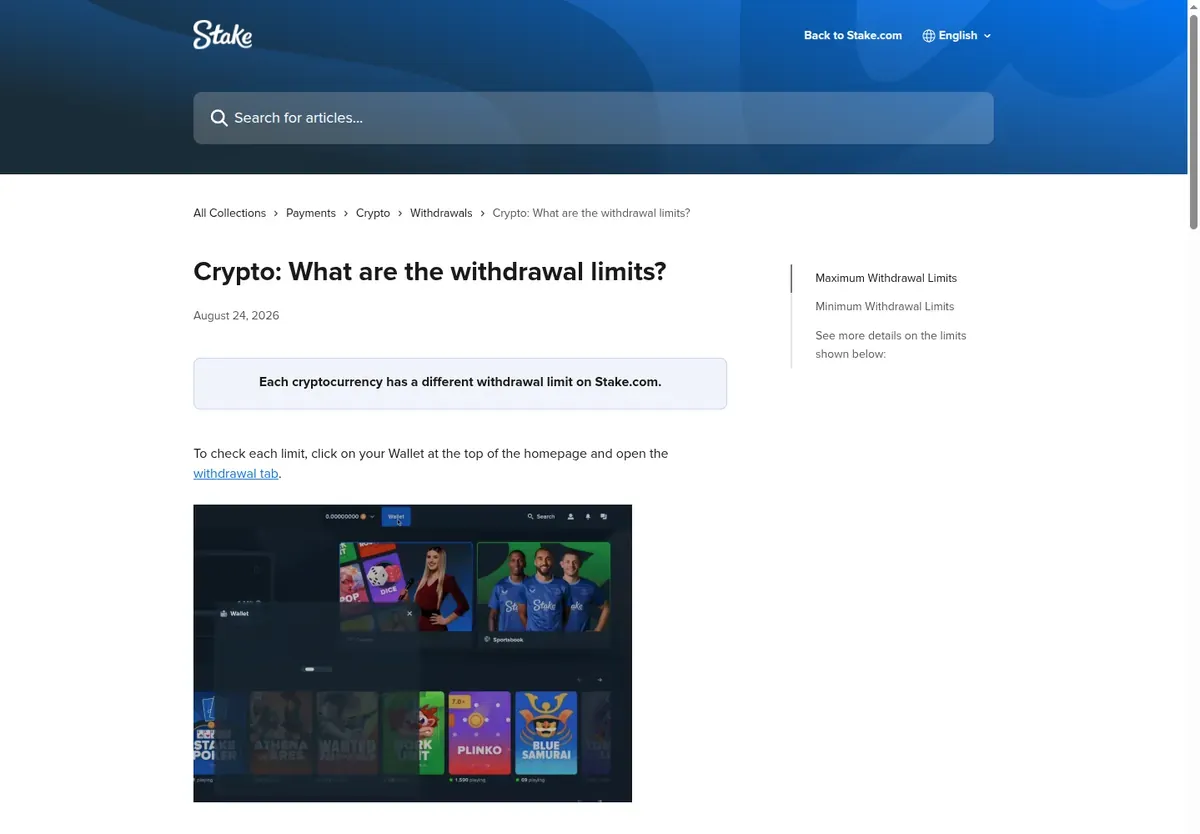 Stake help centre article 'Crypto: What are the withdrawal limits?' explaining that each coin has its own limit