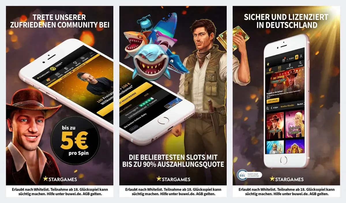 StarGames app screenshots from its app store listing: slots and community