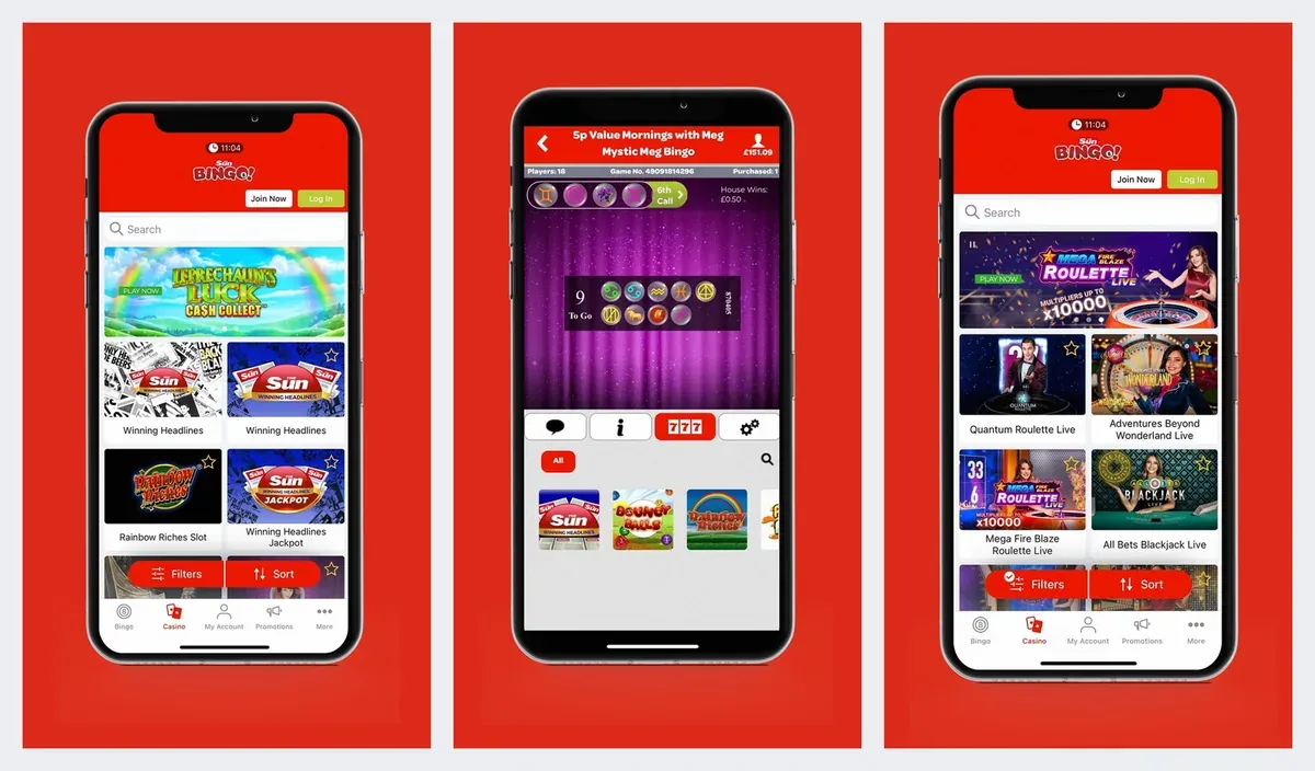 Sun Bingo app screenshots from its app store listing: bingo and slots