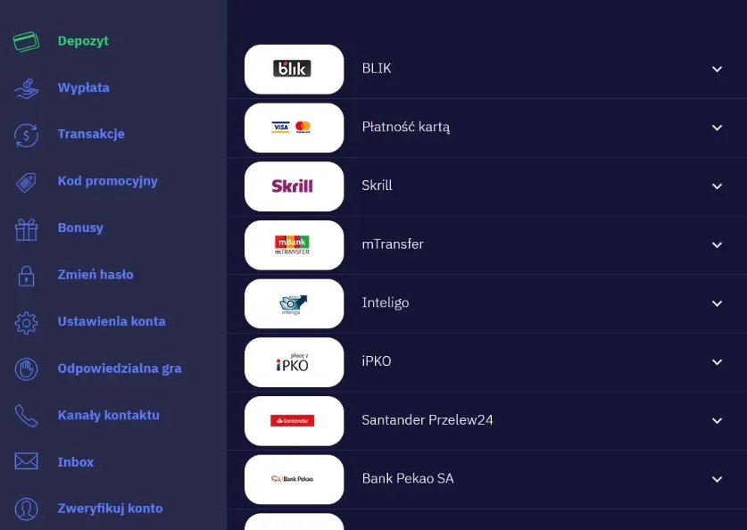 Total Casino cashier screenshot: Skrill, mTransfer Inteligo, iPKO Santander Przelew24 and Bank Pekao, with account sections such as Wyplata (withdrawal) on the left