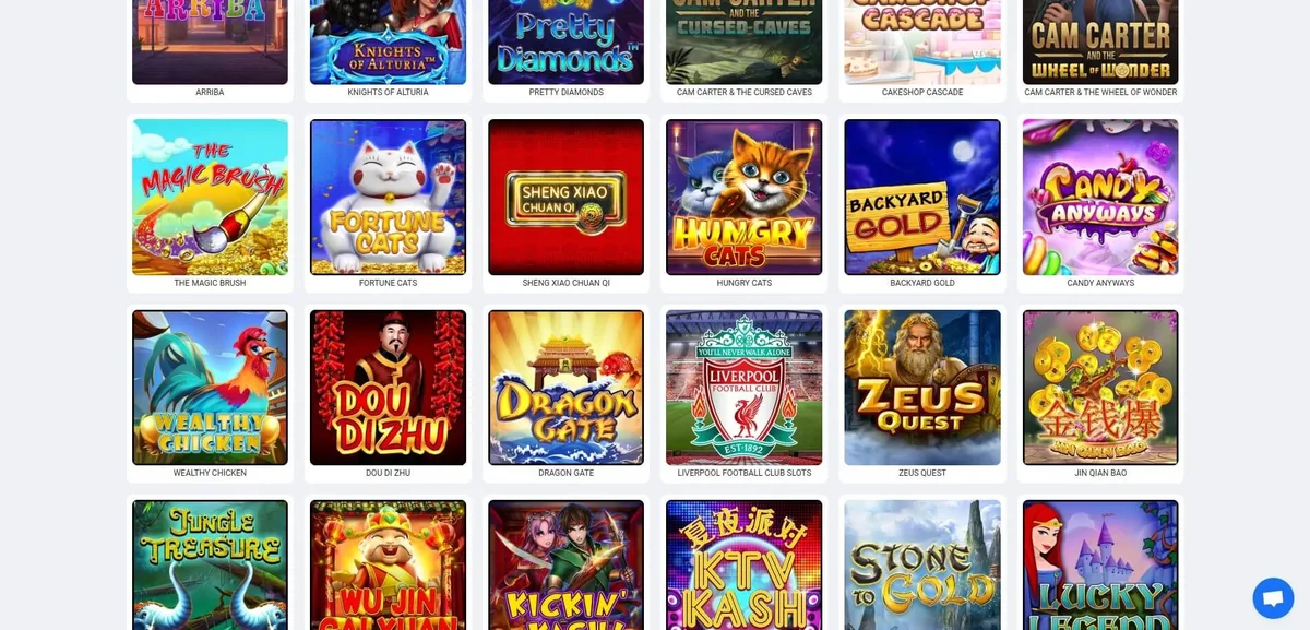 Trybet games lobby screenshot: Trybet casino lobby grid with slots such as Pretty Diamonds Fortune Cats Hungry Cats Dragon Gate and Zeus Quest