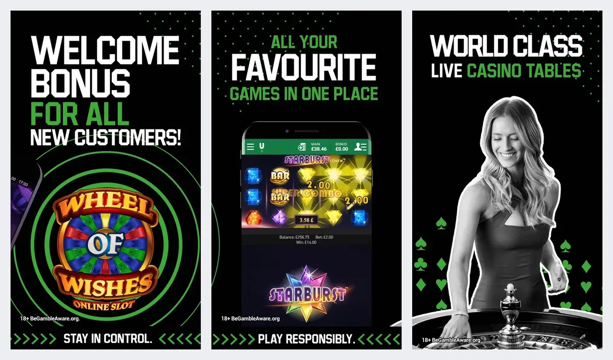 Unibet app screenshots from its app store listing: slots and live casino tables