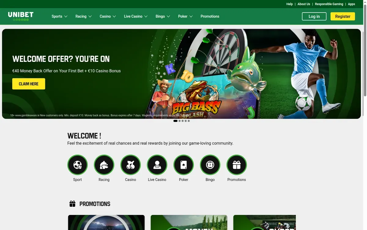 Unibet home page with sport, racing, casino, live casino, poker and bingo sections