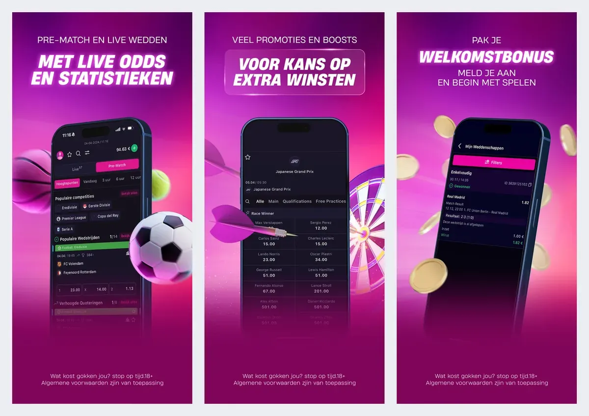 Vbet NL app screenshots from its app store listing: live odds and promotions