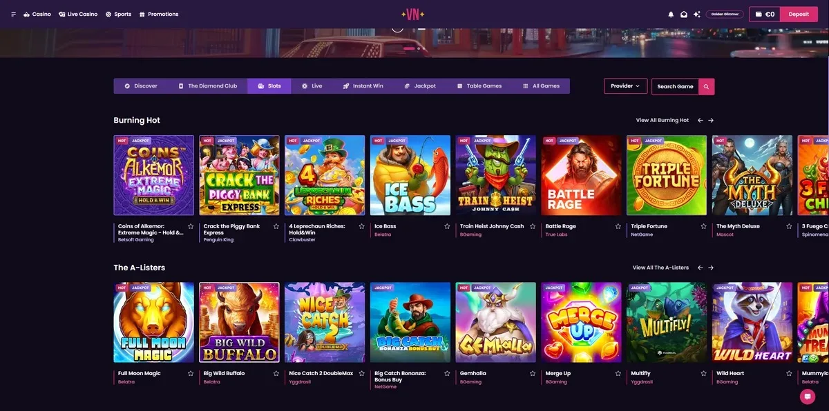 Vegas Now games lobby screenshot: Vegas Now slots lobby with 'Burning Hot' and 'The A-Listers' rows of games such as Crack the Piggy Bank Ice Bass and Big Wild Buffalo