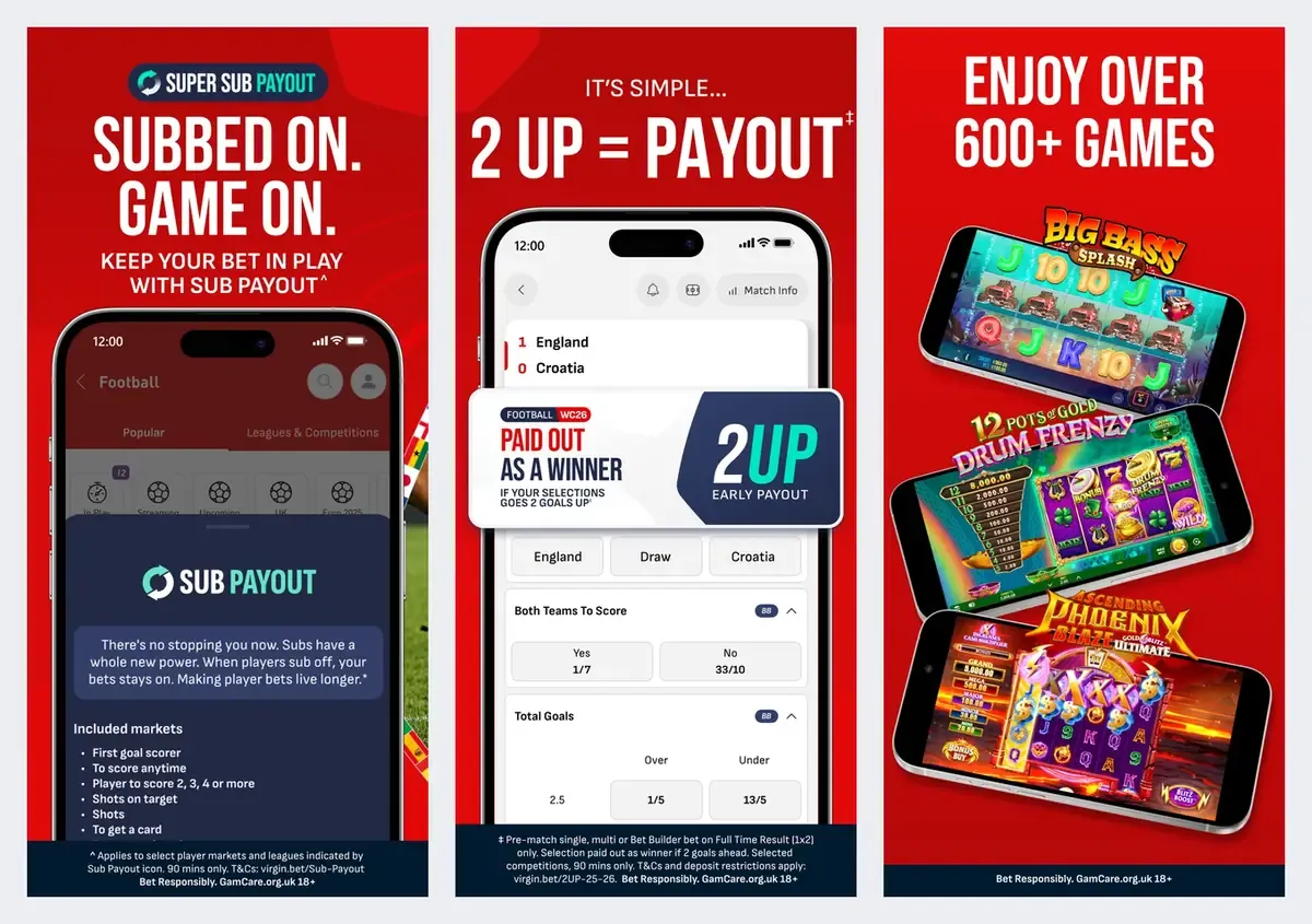 Virgin Bet app screenshots from its app store listing: Sub Payout, 2 Up and 600+ games