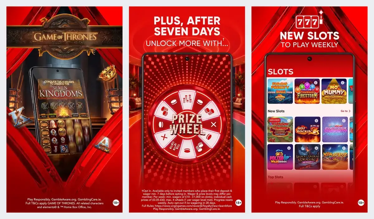 Virgin Games app screenshots from its app store listing: slots and prize wheel