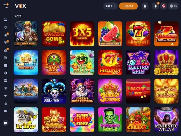 Vox Casino games lobby screenshot: VOX Casino slots lobby with tiles such as Crown Coins, 3x5 and Hit Slot