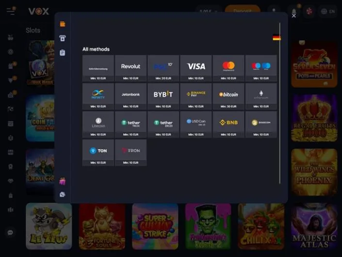 Vox Casino cashier screenshot: VOX Casino 'All methods' grid listing Sofortueberweisung Revolut PSC Visa Mastercard Maestro MiFinity Jeton Bybit Binance Pay Bitcoin Ethereum Litecoin USDT USDC BNB Dogecoin TON and Tron with minimums