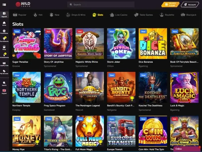 Wild Tokyo games lobby screenshot: Wild Tokyo slots lobby with tiles such as Sugar Paradise Storm Joker and Dice Bonanza