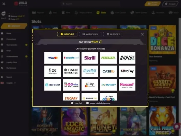Wild Tokyo cashier screenshot: Wild Tokyo deposit window listing Visa, paysafecard Skrill Neteller Rapid N26, bank transfer Revolut CASHlib AstroPay, eZeeWallet, mobile payment Google Pay MiFinity Neosurf Sticpay Binance Pay and crypto