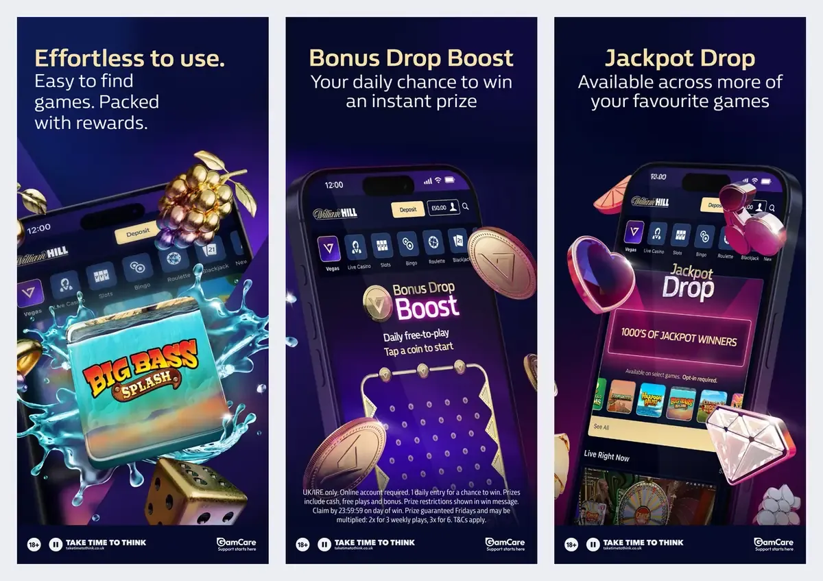 William Hill app screenshots from its app store listing: games, Bonus Drop Boost and Jackpot Drop