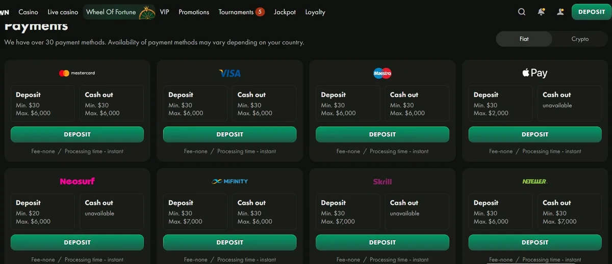 Wincrown cashier screenshot: Wincrown payments page with Fiat and Crypto tabs listing Mastercard Visa Maestro Apple Pay Neosurf MiFinity Skrill and Neteller with deposit and cash-out minimums of 20 to 30 and maximums of 2,000 to 7,000, no fee and
