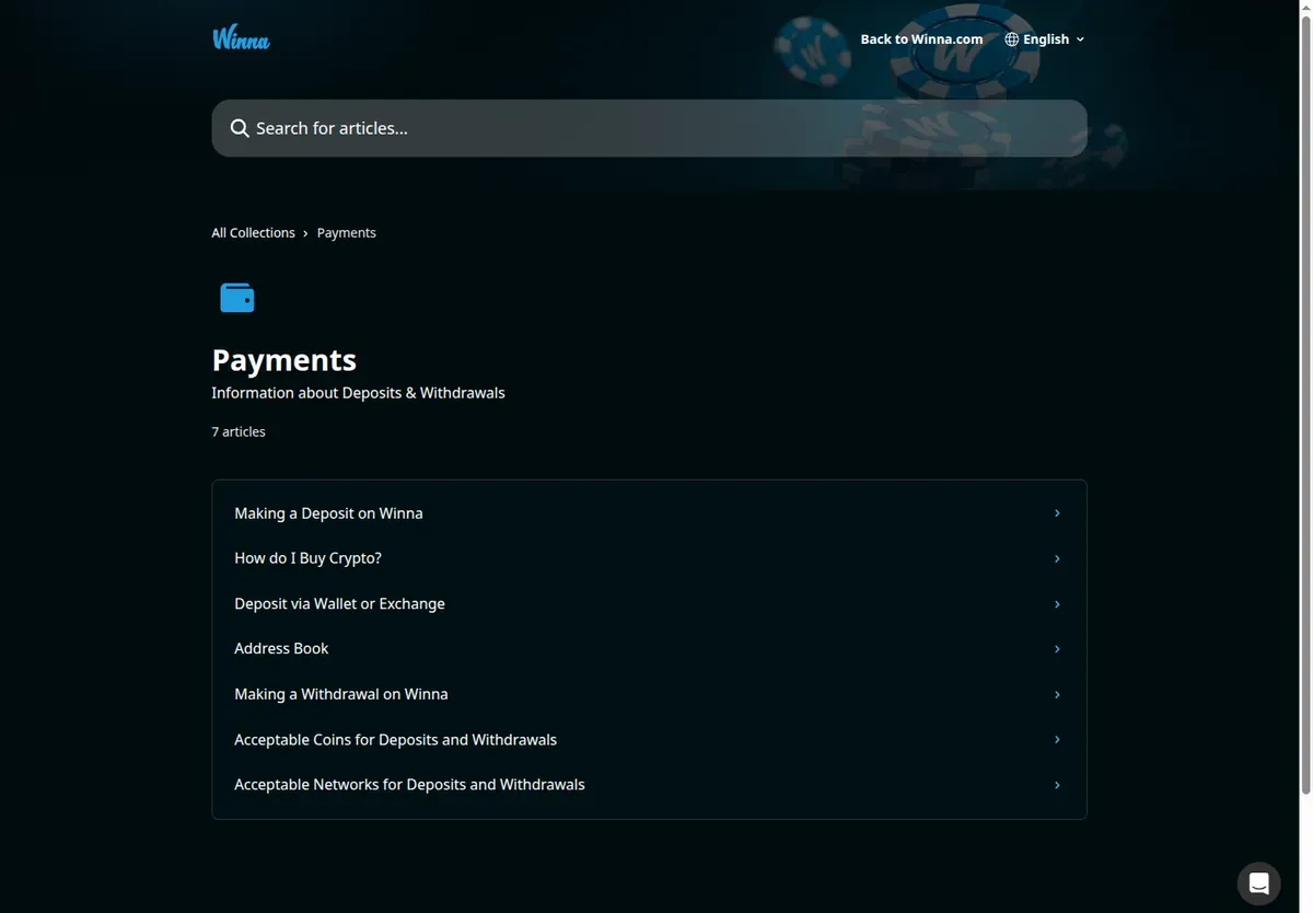 Winna help centre Payments section with articles on deposits, withdrawals and accepted networks