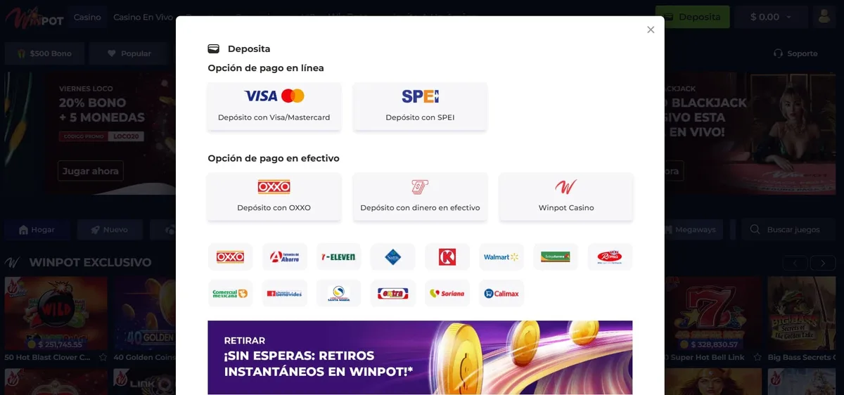 Winpot cashier screenshot: Winpot deposit window in Spanish with online options (Visa/Mastercard SPEI), cash options (OXXO, cash deposit Winpot Casino) and a row of retail partners such as 7-Eleven and Walmart, plus a banner about instant