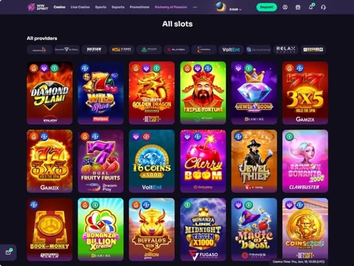 Winspirit games lobby screenshot: WinSpirit 'All slots' lobby with provider row and tiles such as Diamond Slam and 3x5