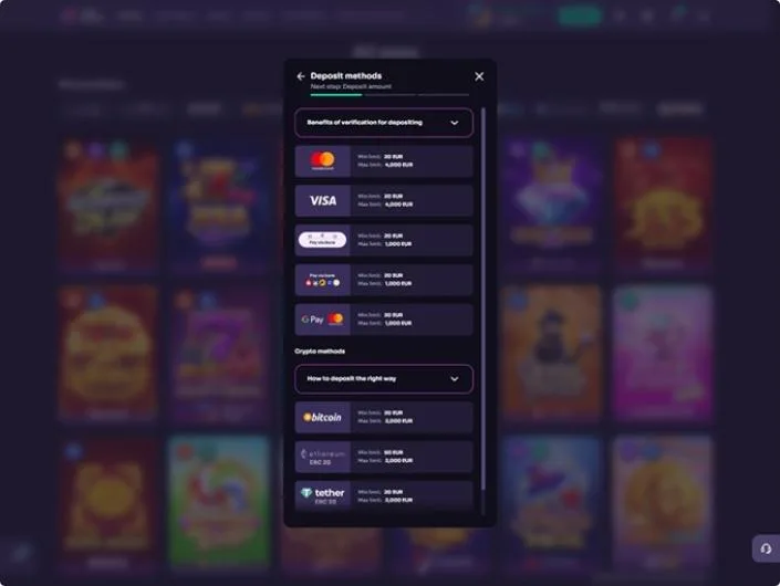 Winspirit cashier screenshot: WinSpirit deposit methods panel listing Mastercard Visa Pay by bank Google Pay Bitcoin Ethereum and Tether with min and max limits