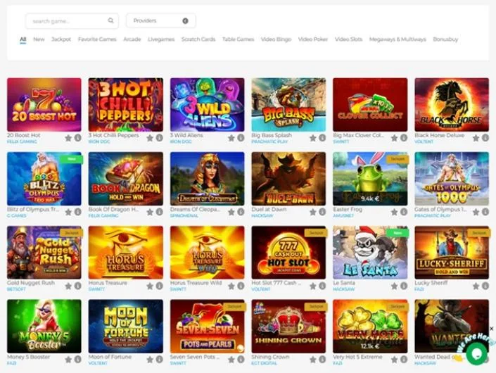 Wolfy Casino games lobby screenshot: Wolfy Casino game lobby with category filters and slots such as 20 Boost Hot and Big Bass Splash