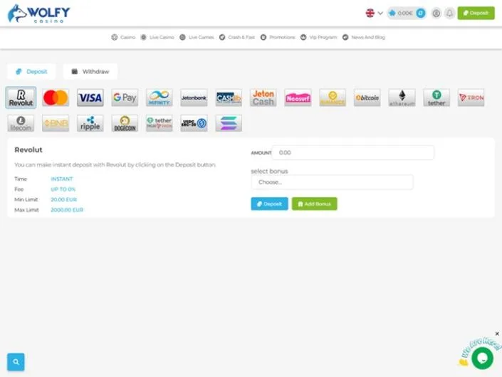 Wolfy Casino cashier screenshot: Google Pay MiFinity Jeton CASHlib Neosurf Binance and crypto methods
