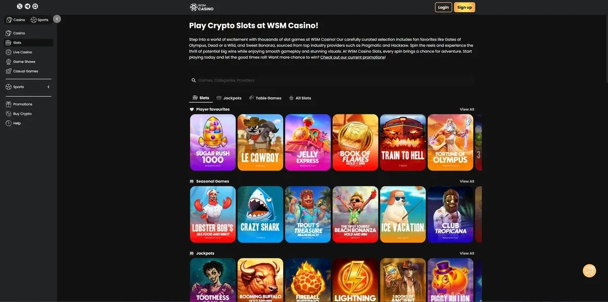 WSM Casino games lobby screenshot: WSM Casino 'Play Crypto Slots' lobby with Player Favourites Seasonal Games and Jackpots rows