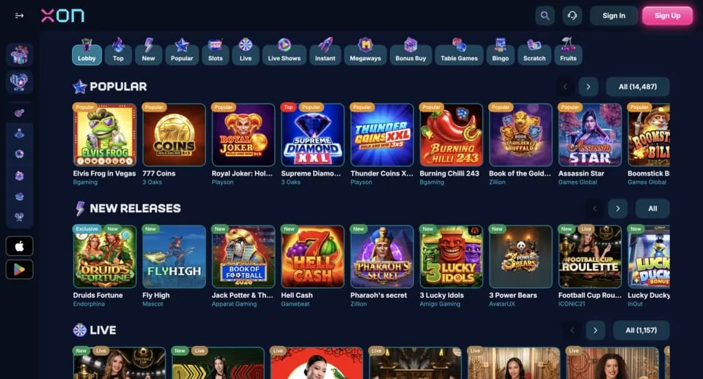 Xon.bet games lobby screenshot: XON lobby with category icons and Popular (14,487 games) and New Releases rows such as Elvis Frog in Vegas and Burning Chilli 243