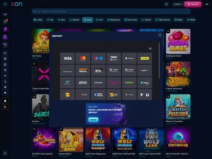 Xon.bet cashier screenshot: XON deposit window showing a grid of payment methods including Visa Mastercard Maestro Nexi Klarna BLIK, bank transfer Rapid Jeton Neteller Tether and Tron
