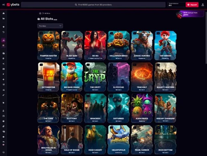 Ybets games lobby screenshot: Ybets 'All Slots' lobby with tiles such as Pumpkin Master and Halloween Bingo
