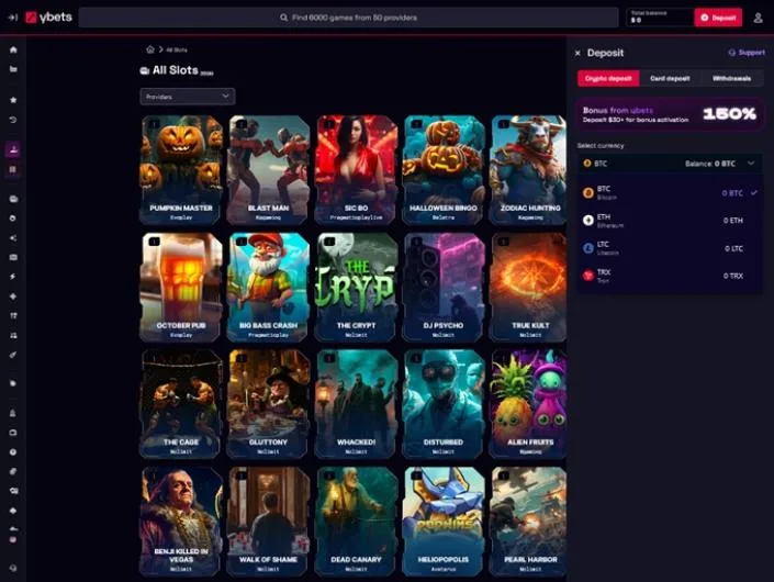 Ybets cashier screenshot: Ybets deposit panel on the crypto tab with BTC ETH