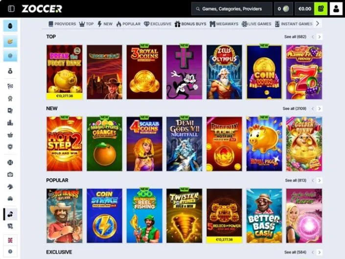 Zoccer games lobby screenshot: Zoccer lobby with Top New and Popular slot rows and category tabs