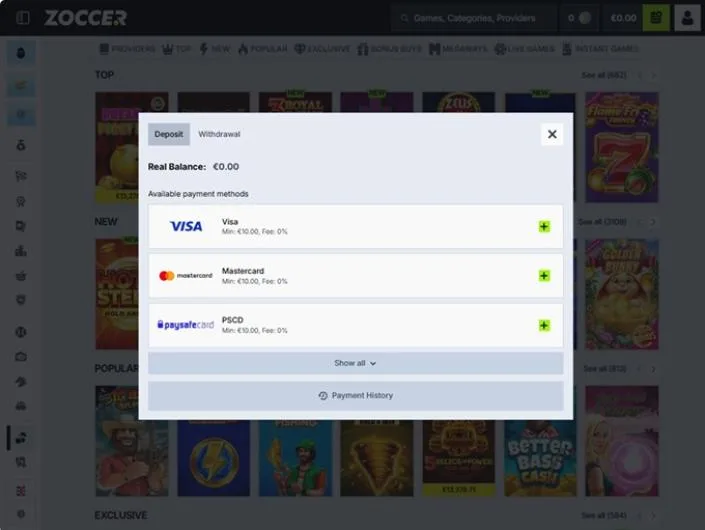 Zoccer cashier screenshot: Zoccer deposit window listing Visa Mastercard and paysafecard with a 10 EUR minimum and 0% fee