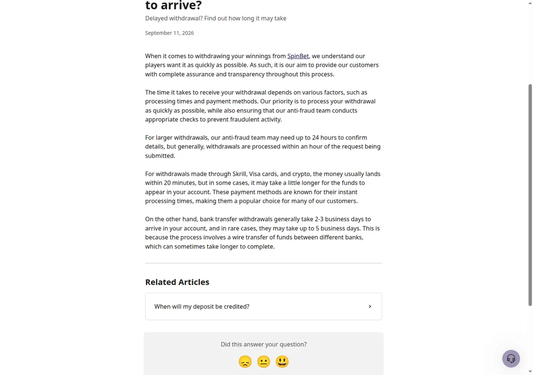 SpinBet help article on how long a withdrawal takes to arrive
