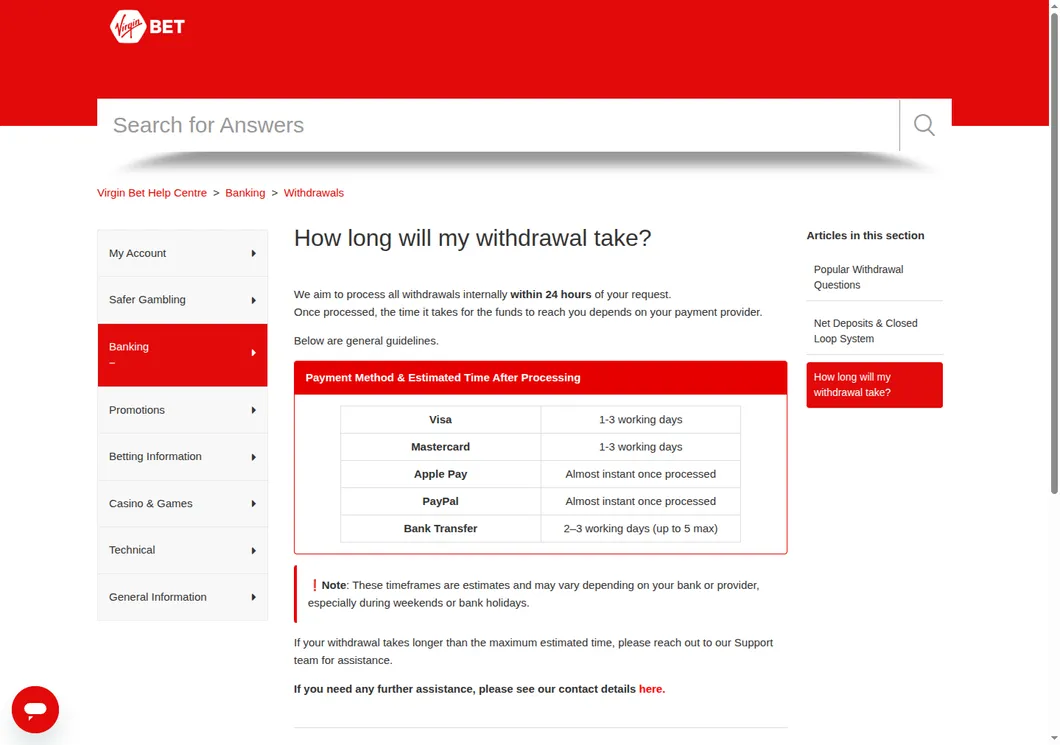 Virgin Bet help centre table of payment methods and estimated time after processing