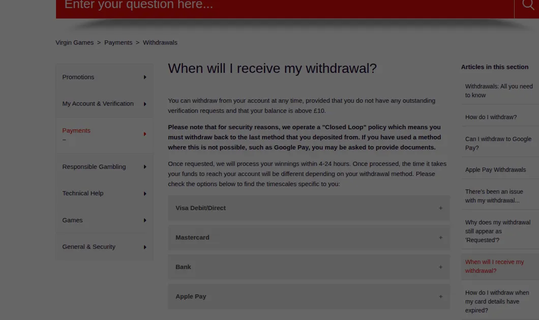 Virgin Games help centre article When will I receive my withdrawal, with processing and card times